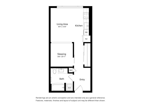 Floor plan for 1 bed, 1 bath, 527 sqft